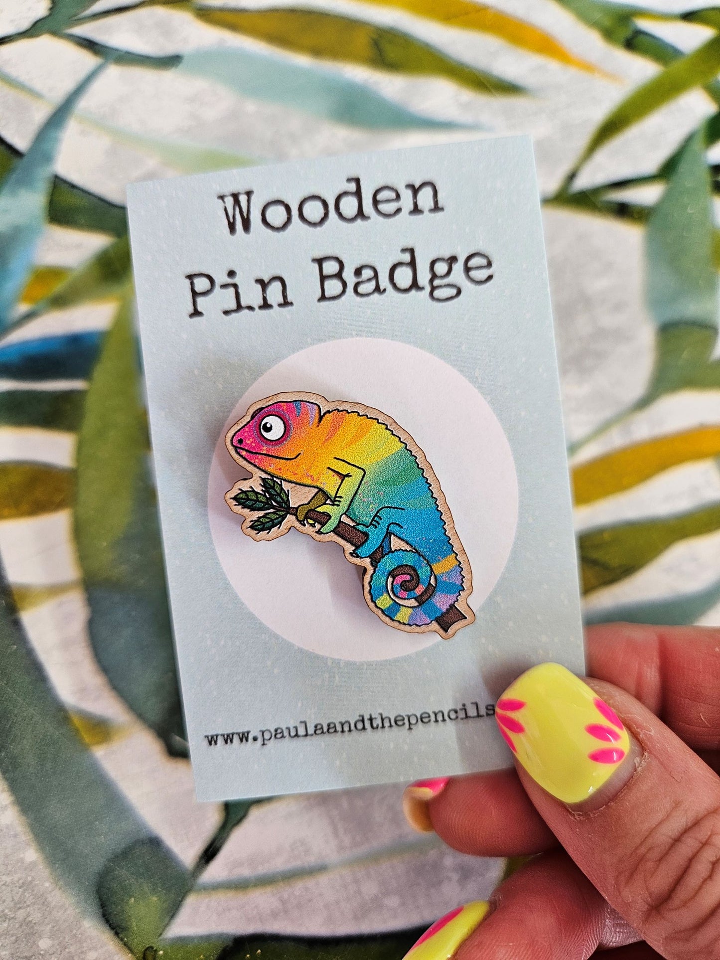 Rainbow Chameleon Wooden Badge