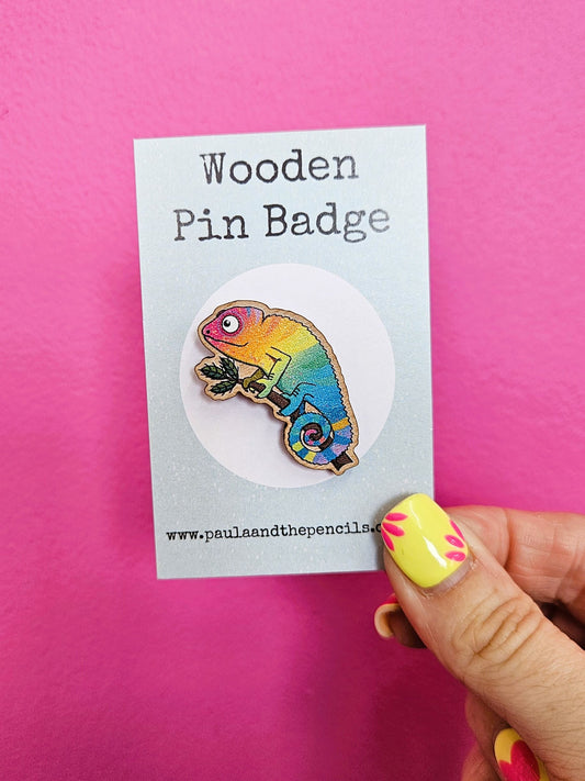 Rainbow Chameleon Wooden Badge